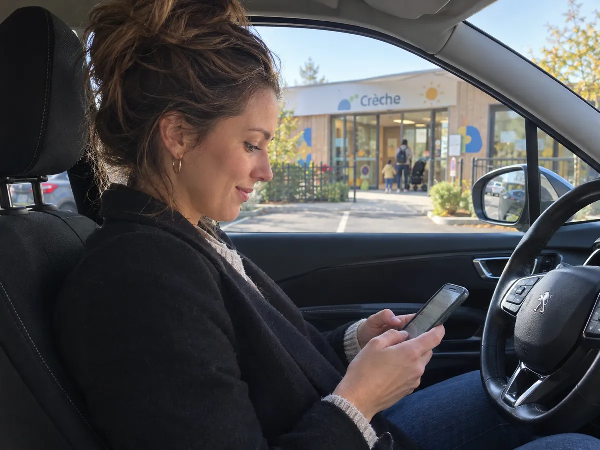 Une maman consulte l'application Kidola dans sa voiture, devant la crèche